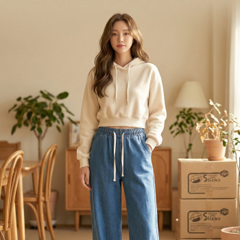 [프리사이즈] 남녀공용 편안한 허리 밴딩 스트링 와이드 통 기모 청바지 | 블랙